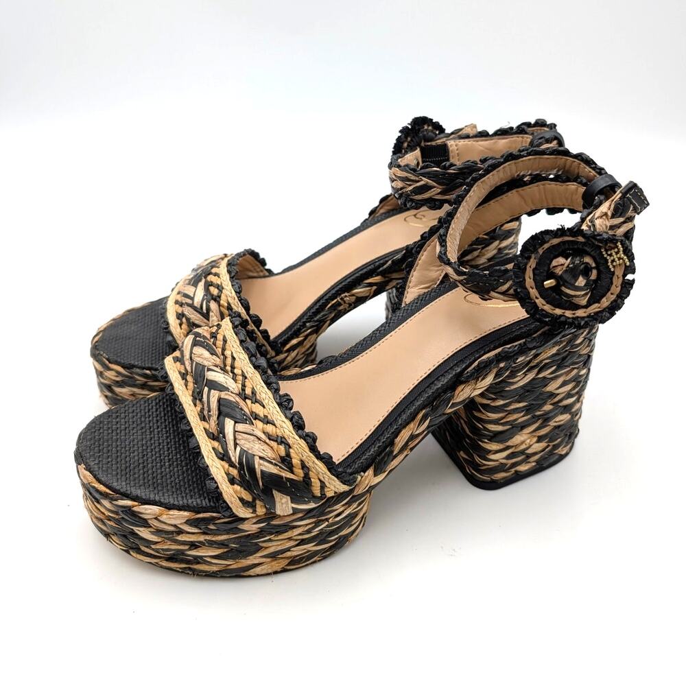 Sam Edelman Iliana Wedge Sandal Women's Black/Natural Raffia Size US9M EU40